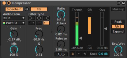 Screenshot of compressor with sidechain enabled in Ableton Live for music production.