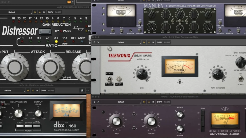 plugins de compressors en producció musical com LA-2A, 1176, Distressor i dbx 160 en una mescla d’àudio