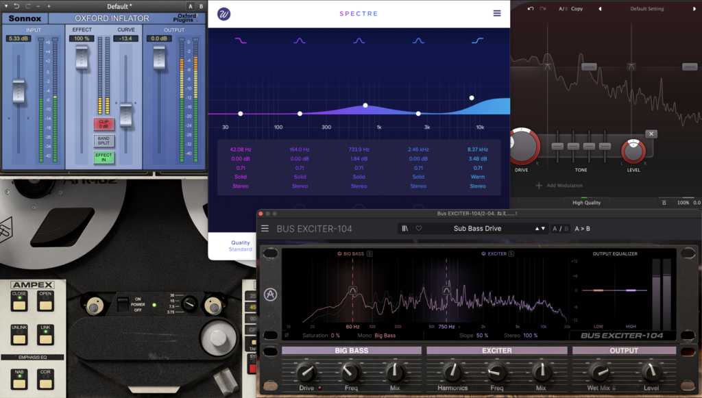 Interfície de diversos plugins de saturació com Oxford Inflator, Spectre i Saturn 2 per aprendre a mesclar música i millorar la producció musical