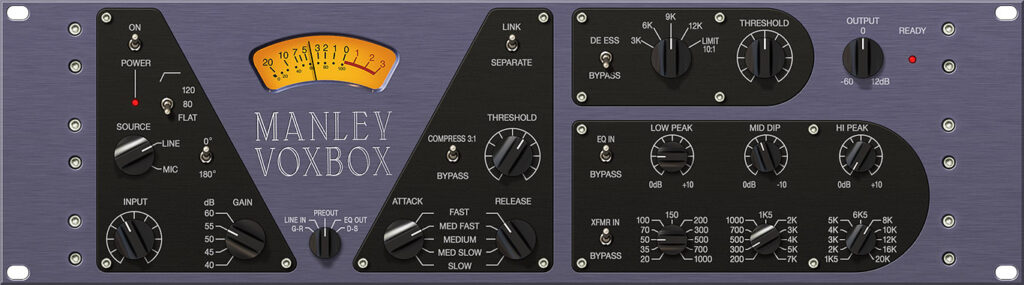 Detall d'un preamplificador de so de vàlvules en un rack d'estudi professional de producció musical.
